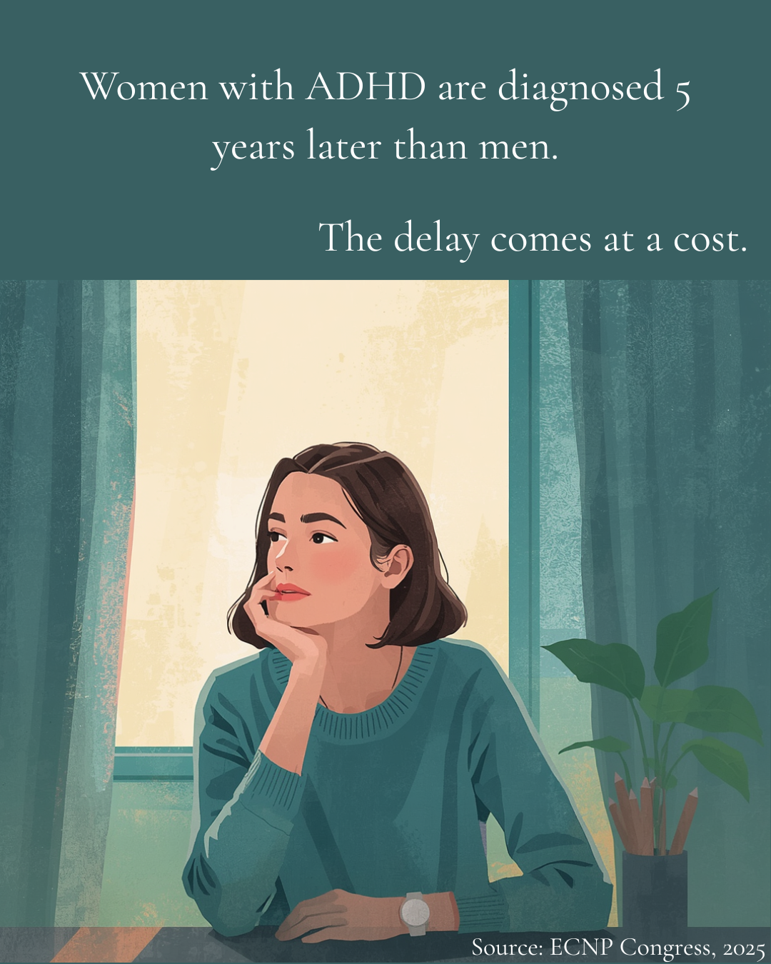 Woman thinking deeply in a soft-lit room